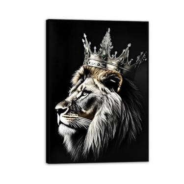 Imagem de Rei Leão com coroa dourada arte de parede em tela preto e branco animais selvagens africanos retrato leão com coroa imagens decoração de parede para escritório quarto decoração de casa 100 x 70 cm (39