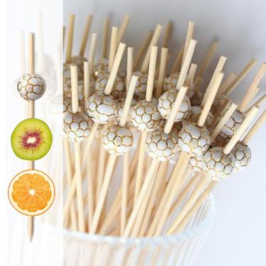 Imagem de 100 Pçs Palitos de Coquetel 12 cm Bambu Frutas Espeto Aperitivos Chiques Palitos de Dente Casamento Aniversário Churrasco Artigos de Festa Cupcake Toppers Decoração (Formato de Futebol Dourado)