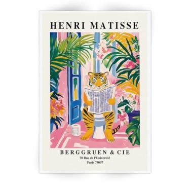 Imagem de SKINGE Arte de parede de banheiro de tigre engraçado Henri Matisse Estética de quarto retrô rosa decoração tigre em tela de vaso sanitário obras de arte animal banheiro arte estética imagens 30,5 x