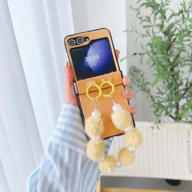 Imagem de Capa para Samsung Galaxy Z Flip 5 com alça de pulso de couro sintético perolado e proteção de dobradiça, capa à prova de choque (para Samsung Galaxy Z Flip 5/amarelo)