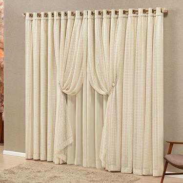 Imagem de Cortina Monte Real 4,00M X 2,70M Tecido Blackout Voal Trabalhado Xadrez Sala Quarto - Palha