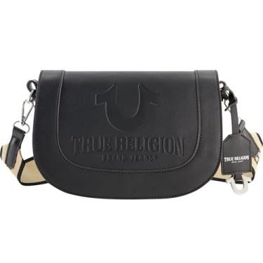 Imagem de True Religion Bolsa tiracolo feminina, bolsa de mão com logotipo em relevo e alça de ombro ajustável, preta, Preto