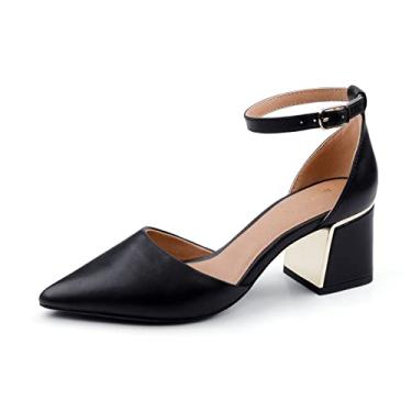 Imagem de BCTEX COLL Sandália feminina com bico fino e tira no tornozelo, salto baixo, com forro de metal, projetada para mulheres, Poliuretano preto, 37