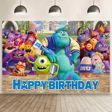 Imagem de Pano de fundo kawaii de desenho animado para monstros, artigos de festa de aniversário, para meninos e meninas, pano de fundo para decoração de festa infantil (1,5 x 0,9 m).