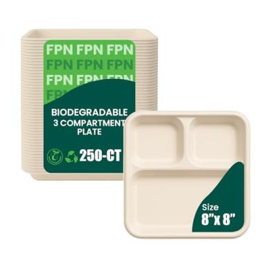 Imagem de FPN Pratos Quadrados 3 Compartimentos 250 Bandejas Descartáveis – Fibra de Cana de Açúcar, Biodegradável e Compostável, Pratos de Papel para Refeições, Catering, Almoço Escolar, Seguro para Microondas