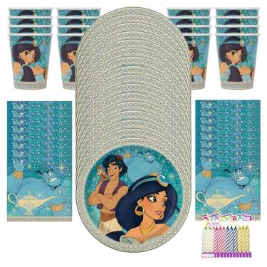 Imagem de Pacote de artigos de festa Aladdin para 16 convidados – Inclui pratos de 23 cm, copos de guardanapos de almoço e velas de aniversário – Decorações de aniversário de Aladdin para crianças e meninas