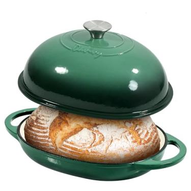 Imagem de Davivy Forno oval para pão de 6 litros com tampa abobadada, forno holandês esmaltado para assar pão de fermento, 6 qt, forma oval de fermento de ferro fundido com tampa - verde floresta