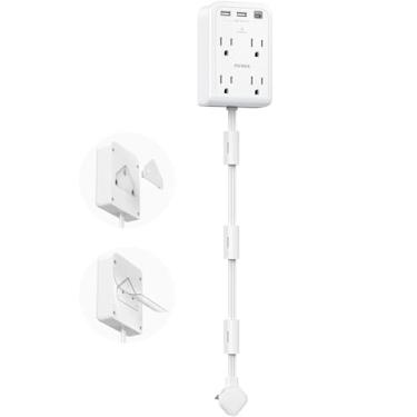 Imagem de Régua de alimentação curta de 6 m – cabo de extensão de parede plana com 4 tomadas AC e 3 portas USB (1 tipo C), extensor de tomada múltipla pequeno protetor contra surtos para dormitório de