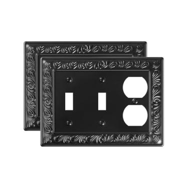 Imagem de TREEWELL Pacote com 2 capas para tomadas duplas e duplas duplas, padrão paisley, placas decorativas para interruptores e tampas de tomada, 4 placas de parede pretas de metal, resistentes à corrosão