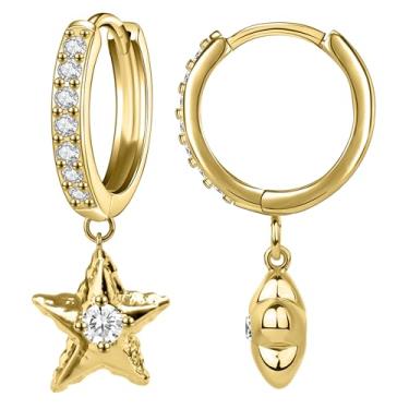Imagem de KASFREE Brincos pequenos de argola dourada para mulheres, coração, flor, cruz, estrela-do-mar, argola, Aço inoxidável, Zircônia cúbica