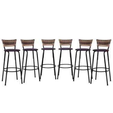 Imagem de Banqueta Altas Junco Cappuccino Estrutura Preta 70cm Para Balcão Cozinha, Bar, Bistrô, Americano Kit 06 Unidades - Itagold (Marrom Escuro)