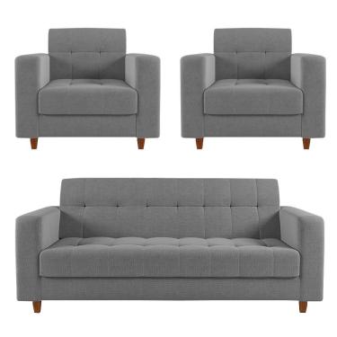 Imagem de Sofá 2 Lugares E 2 Poltronas Pé Madeira Castanho Arezo Linho D01 - D'rossi A26 Grafite