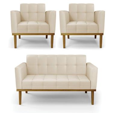 Imagem de Conjunto 2 Poltronas E 1 Namoradeira Decorativa Pés Fixo Em Madeira Castanho Pu Bege