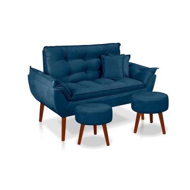 Imagem de Kit C/ 01 Namoradeira Opala + 02 Puffs Redondo Danny + 02 Almofadas Suede Azul Marinho