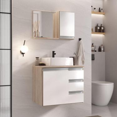 Imagem de Conjunto Gabinete Banheiro Prisma 60cm Gabinete + Cuba + Espelheira Madeirado Branco