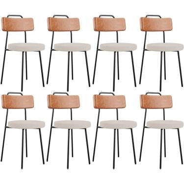 Imagem de Kit 08 Cadeiras Decorativas Estofada Sala Jantar Barcelona L02 Couríssimo Camel Linho Bege - Lyam