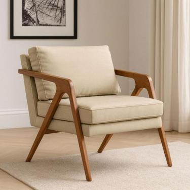 Imagem de Poltrona Mona Pés Madeira Maciça em Linho Bege com Almofadas - Brumato