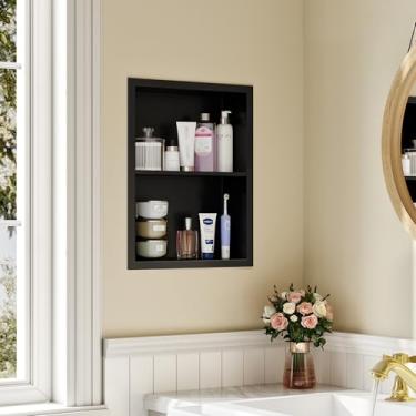 Imagem de Qeke Armário de remédios embutido, armário de remédios sem espelho, nicho de parede de remédios de aço inoxidável 304 com prateleiras duplas, preto fosco