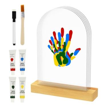Imagem de Kit de impressão de mão familiar, kit de impressão de lembrança de recém-nascido, base de madeira e painel de acrílico, inclui folhas de acrílico, base, tintas, pincel e marcador preto, presente para