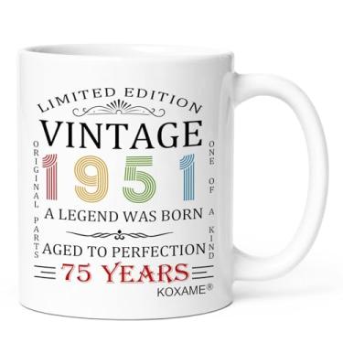 Imagem de KOXAME Presentes de aniversário 1951 para mulheres, caneca de café vintage 1951 325 ml, ideias de presente para mulheres de 75 anos, transformando 75 presentes para homem, pai, marido, esposa, avó