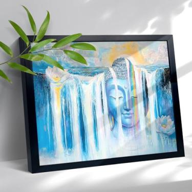 Imagem de Lotuswaterfall Estátua de Buda Tela Pintura de Parede Impressões Imagens Zen Arte Espiritual Budista Decoração Estética para Escritório Yoga Spa Sala de Meditação - Arte Visionária Azul - Moldura