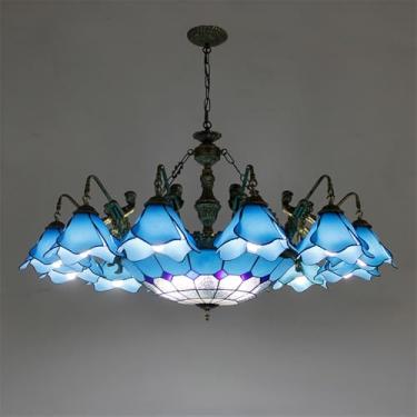Imagem de Lustre de luxo americano para sala de estar, com LED, estilo mediterrâneo, para restaurante, quarto, villa, hotel, café ou bar, com luminária pendente de vidro colorido (B 12 lâmpadas)