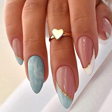 Imagem de 24 peças de unhas postiças de amêndoa média, unhas de ponta francesa, unhas postiças de acrílico azul rosa com cobertura completa, cola brilhante com glitter na unha, unhas adesivas reutilizáveis