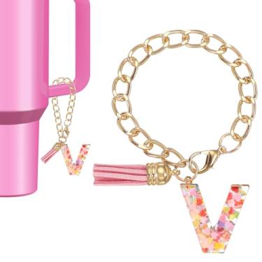 Imagem de Berloque de letras para copo Stanley Tumbler, lindos acessórios com inicial V para chaveiro Stanley Tumbler Handle chaveiro personalizado para mulheres, rosa