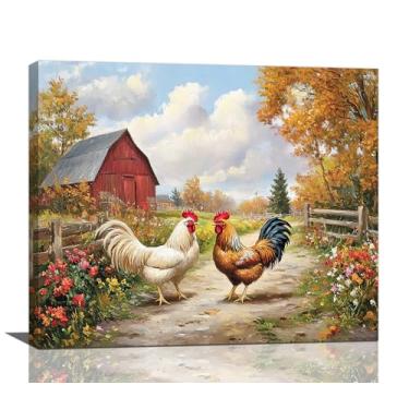 Imagem de Arte de parede de galinha de fazenda, decoração de parede em tela de galo de fazenda, pintura de impressão em tela rústica de fazenda, arte de decoração de casa emoldurada para cozinha, banheiro