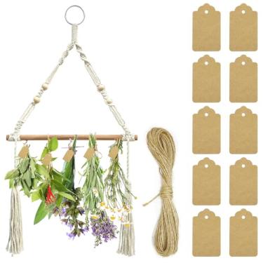 Imagem de YAHAHARICH Estante de secagem de ervas com 15 peças de etiquetas de presente marrons e fio de juta natural de 9,8 m, secador de ervas para secagem de flores, prateleira suspensa para secar ervas