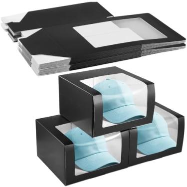 Imagem de Caixas de armazenamento Black Hat com janela de exibição – 12 recipientes de papel dobráveis para chapéus de pai e bonés de beisebol – Caixas organizadoras de 20 x 20 x 12 cm