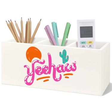 Imagem de Yhtrg Porta-lápis de madeira ocidental para mesa, presentes de vaqueira para mulheres e meninas, boho Sun Cactus Yeehaw Western Wood Makeup Brush Holder Organizador para penteadeira e banheiro