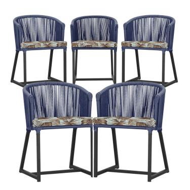 Imagem de 5 Cadeiras De Jantar Noronha Preta Corda Náutica E6 Trama Azul