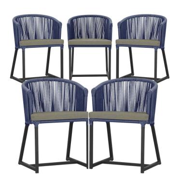 Imagem de 5 Cadeiras De Jantar Noronha Preta Corda Náutica E8 Trama Azul