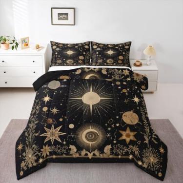 Imagem de jejeloiu Conjunto de edredom boêmio com estampa de sol e lua, para crianças, meninos, meninas, galáxia, boêmio, decoração de quarto exótico, microfibra, 2 peças com 1 fronha