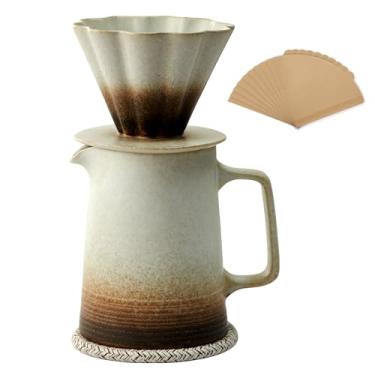 Imagem de LEIJOCO Máquina de café derramada por cima, coador de café de cerâmica com 40 peças de filtro e porta-copos de papel V02, conjunto de filtros de café em forma de flor de 540 ml (conjunto de gradiente