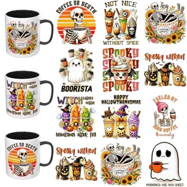 Imagem de Elewins Adesivos UV DTF de Halloween - 12 folhas de café de Halloween UV DTF para canecas de vidro de café, decalques DIY para copos, esfregar à prova d'água em transferências para artesanato