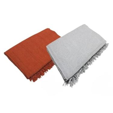 Imagem de Conjunto de mantas extragrandes para sofá (2 peças), dimensões 300 x 180 cm, material de algodão puro, com finalidades decorativas e protetoras. (Terracota + Cinza Neblina)