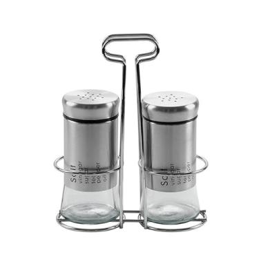 Imagem de Conjunto Saleiro e Pimenteiro com Suporte Galheteiro – Vidro com Tampa Metálica, Elegante e Funcional para Mesa e Cozinha