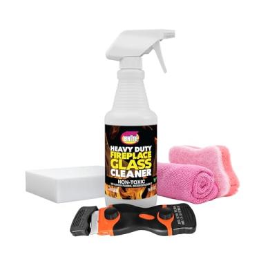 Imagem de Quick 'n Brite Kit de limpeza de vidro para lareira – Limpador resistente de 473 ml com ferramenta raspadora, esponjas de melamina e esfregão, toalha de microfibra – Limpeza de vidro, fogão a lenha e