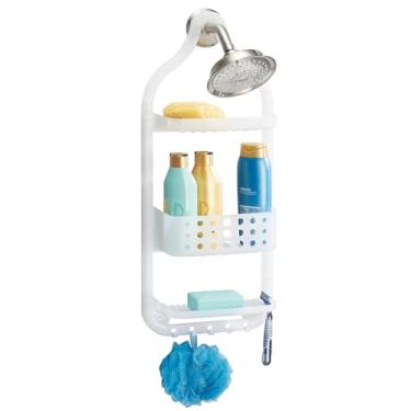 Imagem de iDesign Suporte de plástico para chuveiro da Circlz, espaço extra para shampoo, condicionador e sabão com ganchos para lâminas, toalhas, buchas e mais, 12,7 x 27 x 66 cm, branco geado