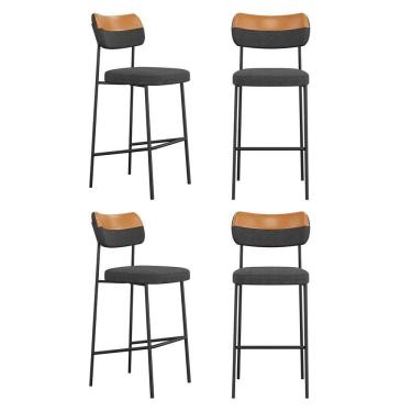 Imagem de Kit 04 Banquetas Altas Cozinha Lila Estofada Com Encosto Couríssimo Whisky Linho Grafite - Abmaza