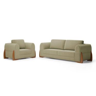 Imagem de Kit Poltrona E Sofá Bloom 160cm 02 Lugares Com Pés De Madeira Bouclê Bege - Abmaza