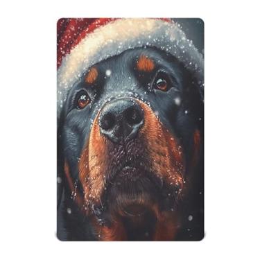 Imagem de Blueangle Jogo de lençol com elástico para berço - Rottweiler macio e respirável em um conjunto de lençóis de chapéu de Natal, serve para colchão de berço padrão (479)