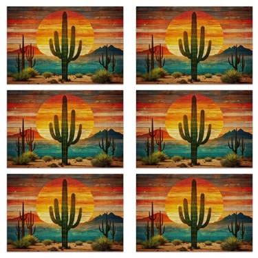 Imagem de Conjunto de 6 jogos americanos de mesa, tecido de linho impermeável, suporte antiderrapante e fácil de limpar, protetores de mesa de jantar elegantes para família e convidados (cacto boêmio)