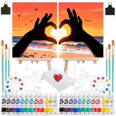 Imagem de QUANWAISJ 2 conjuntos de kit de pintura 25 x 30 cm para adultos, kit de pintura para casais à noite, com tela pré-desenhada (cavaletes incluídos), perfeito para pintura noturna e festas de gole