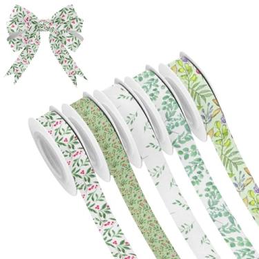 Imagem de SEHANY 5 rolos de fita de Natal 0,59 polegadas 5 jardas folhas verdes fitas de tecido festival fitas de cetim fitas decorativas de Natal para embrulho de presente faça você mesmo artesanato grinalda