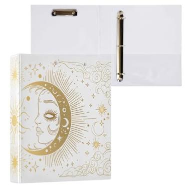 Imagem de Blueangle Fichário com 3 anéis de sol e lua dourados com prancheta e 2 bolsos - Organizador de documentos decorativos de 3 cm para escritório, suprimentos para reuniões (371)