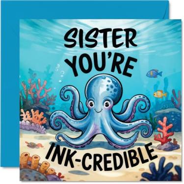 Imagem de Stuff4 Cartão de aniversário da irmã - Youre Ink Credible - Cartão de feliz aniversário para irmã do irmão irmão, cartões comemorativos de aniversário de 5,7 polegadas ilustração de vida marinha