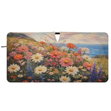 Imagem de Blueangle Pára-brisas com pintura de margaridas - 149,9 cm x 76,2 cm dobrável para janela dianteira do carro blocos de para-sol raios UV viseira de sol (599)